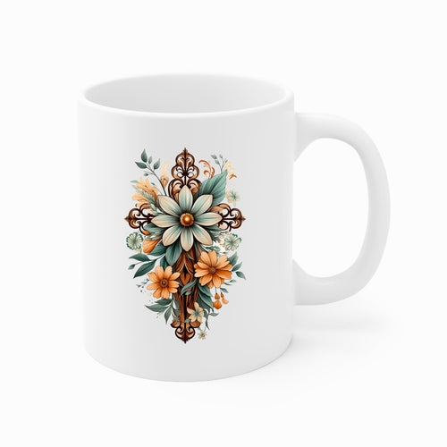 Ceramic Coffee Mug 11oz - Green Brown Christian Cross Floral Bouquet