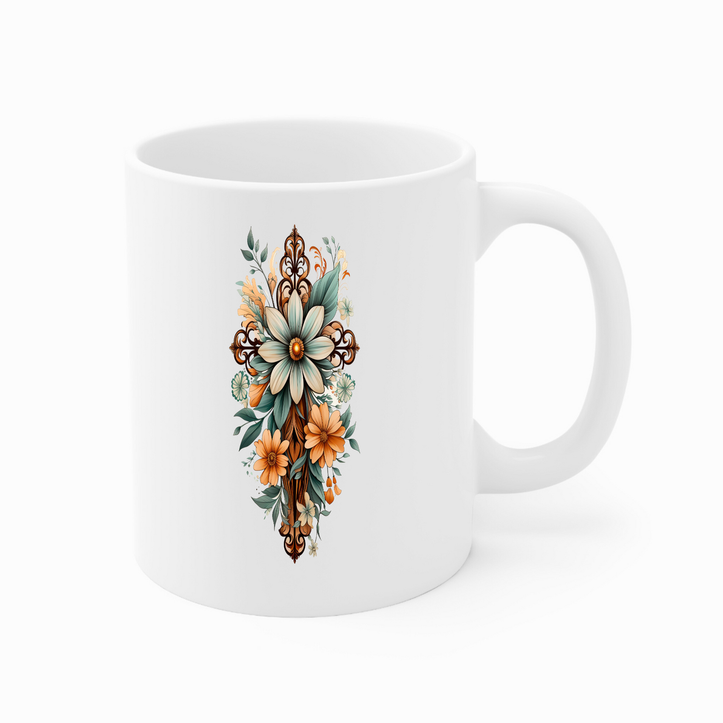 Ceramic Coffee Mug 11oz - Green Brown Christian Cross Floral Bouquet