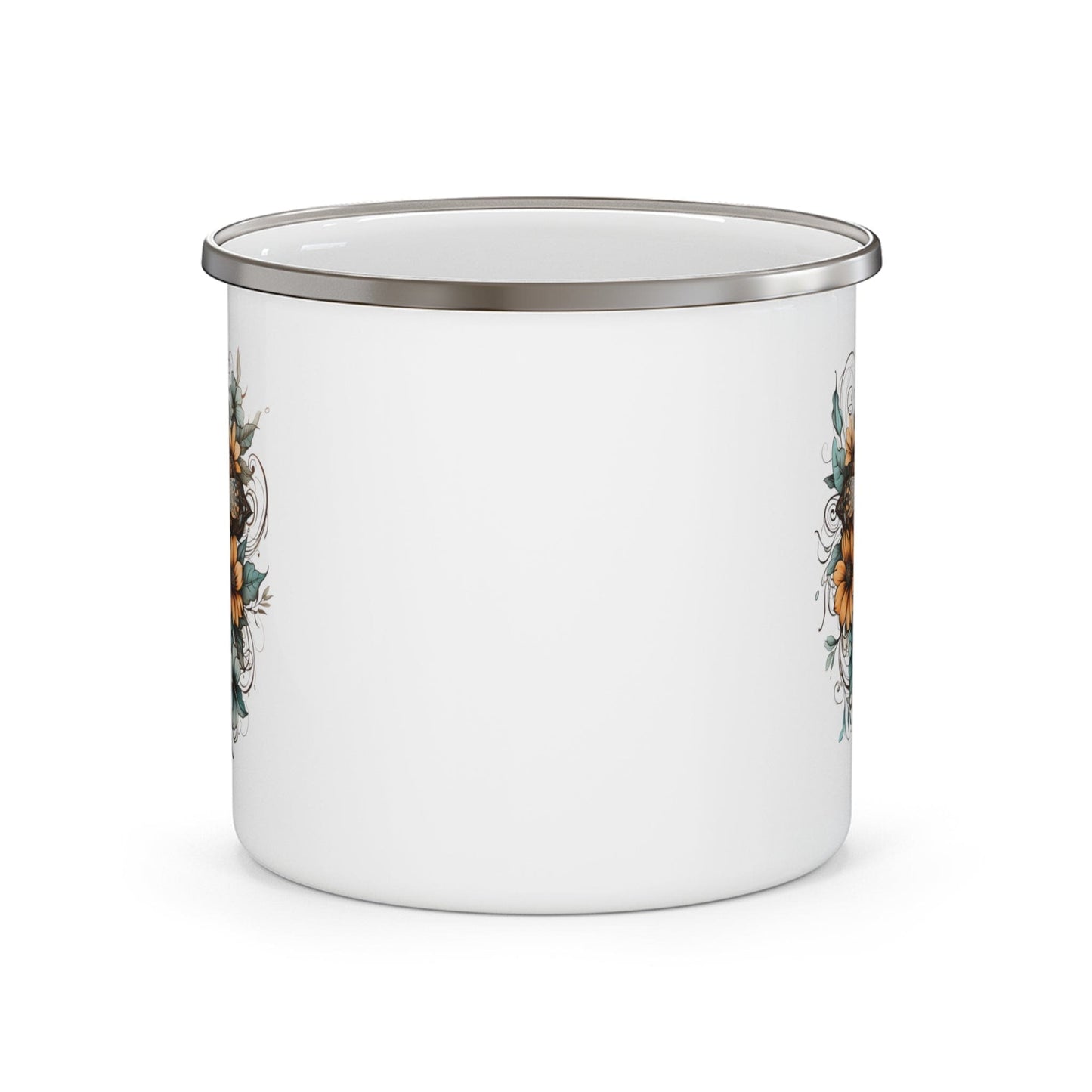 Enamel Camping Mug Christian Cross Floral Bouquet Brown and Blue