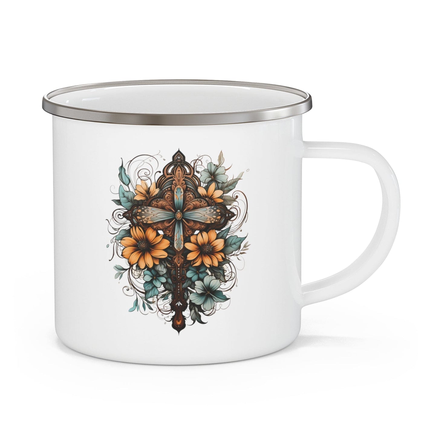 Enamel Camping Mug Christian Cross Floral Bouquet Brown and Blue
