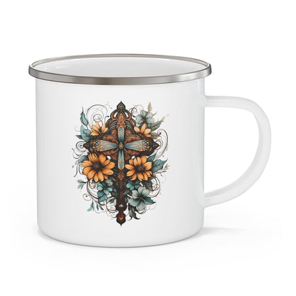 Enamel Camping Mug Christian Cross Floral Bouquet Brown and Blue