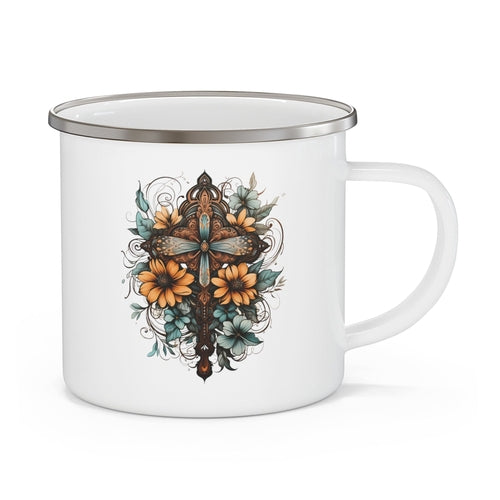 Enamel Camping Mug Christian Cross Floral Bouquet Brown and Blue