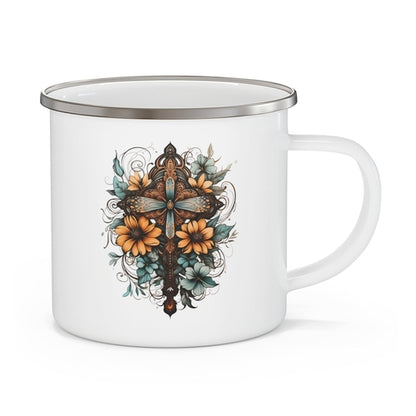 Enamel Camping Mug Christian Cross Floral Bouquet Brown and Blue