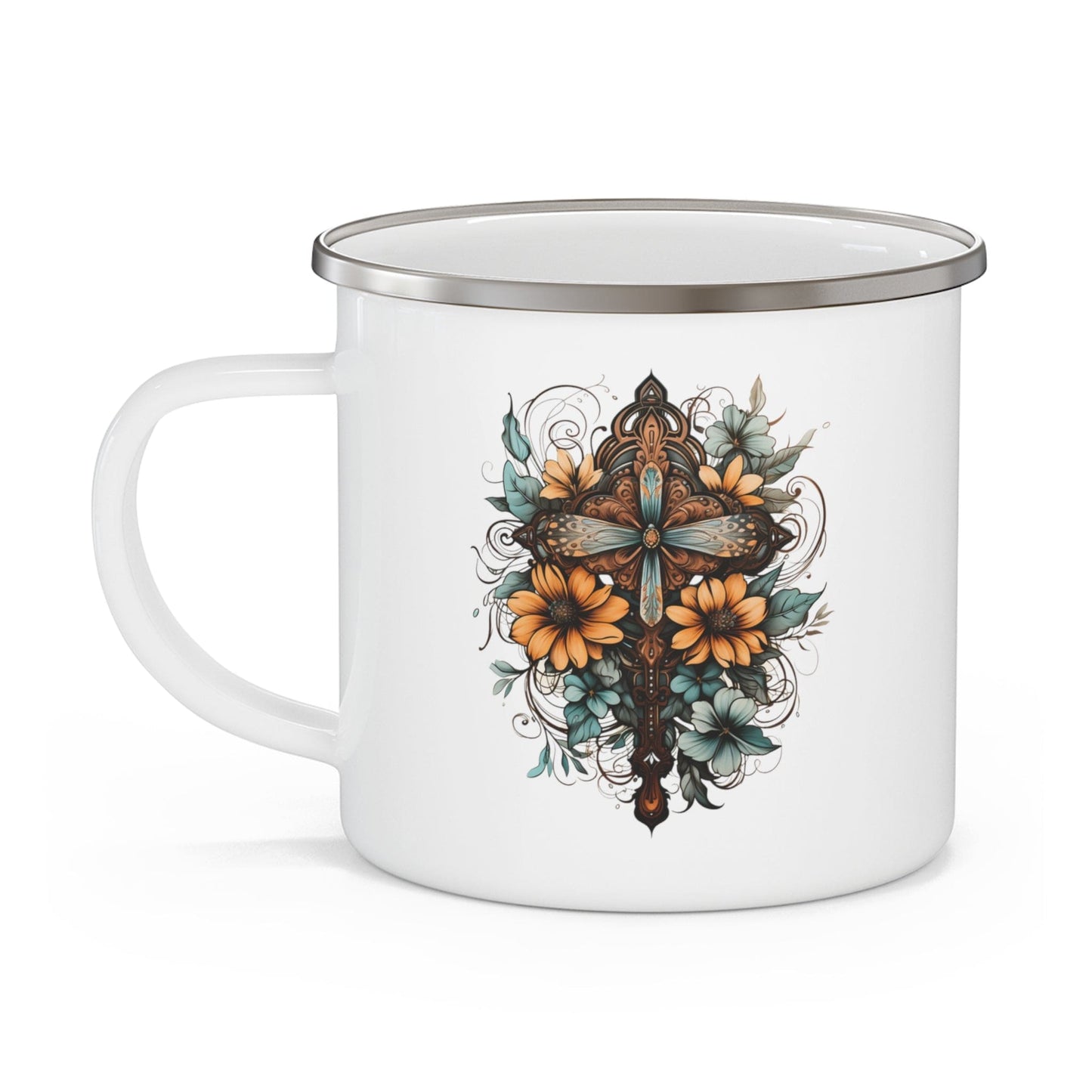 Enamel Camping Mug Christian Cross Floral Bouquet Brown and Blue