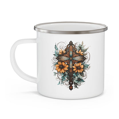 Enamel Camping Mug Christian Cross Floral Bouquet Brown and Blue