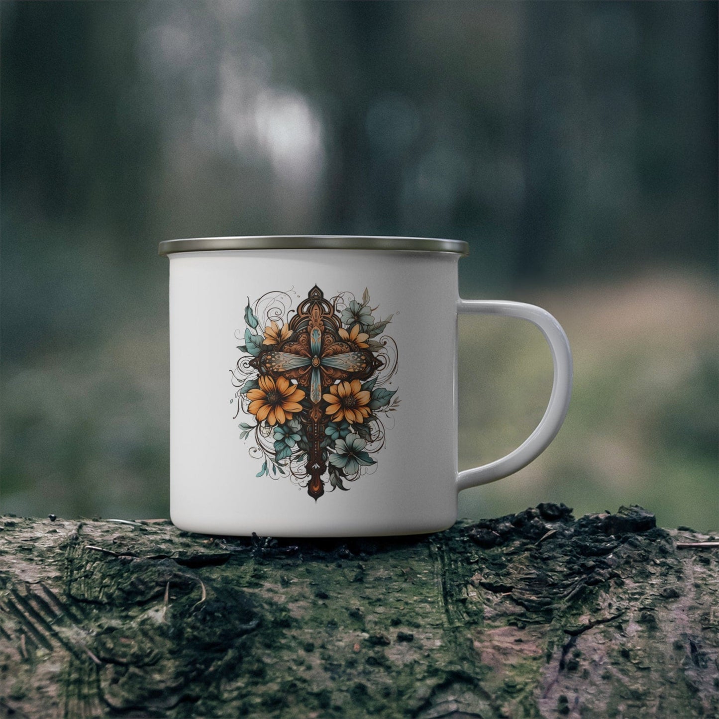 Enamel Camping Mug Christian Cross Floral Bouquet Brown and Blue
